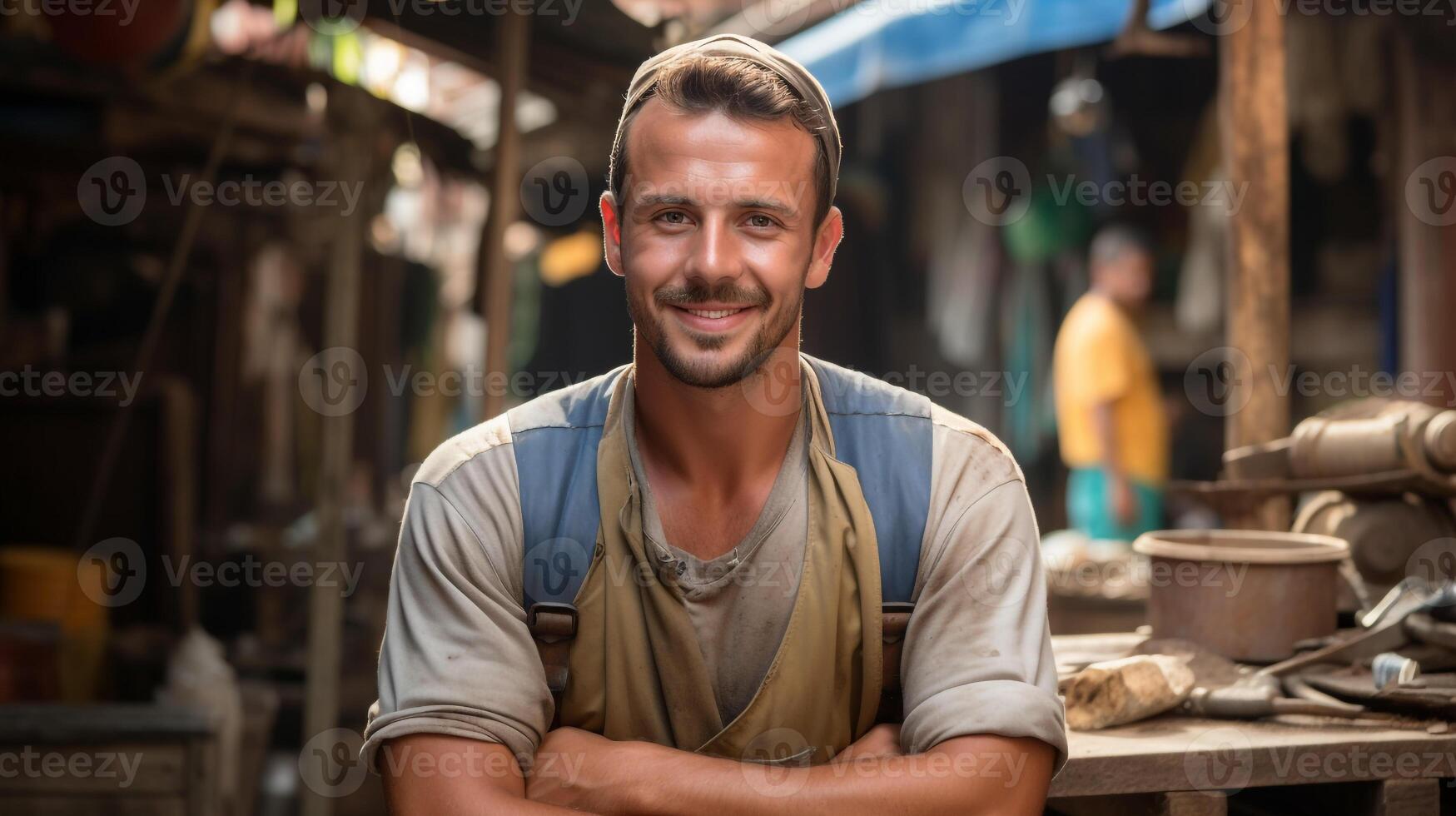 Photo of male worker smile looking camera. Generative AI