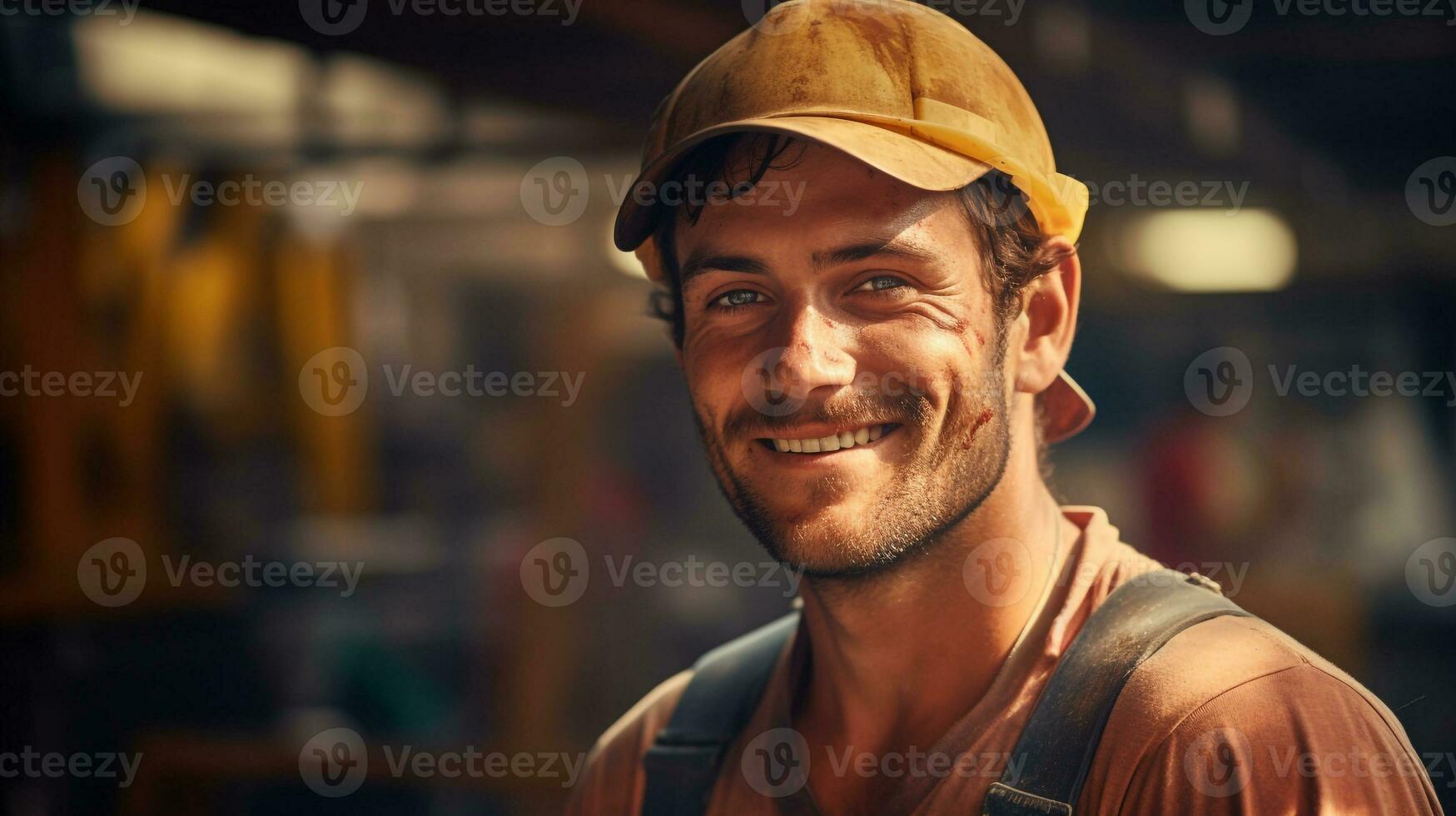 Photo of male worker smile looking camera. Generative AI