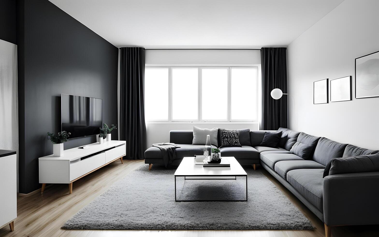 Minimalist Living room interior indoor display by shining bright sunlight from the window. photo