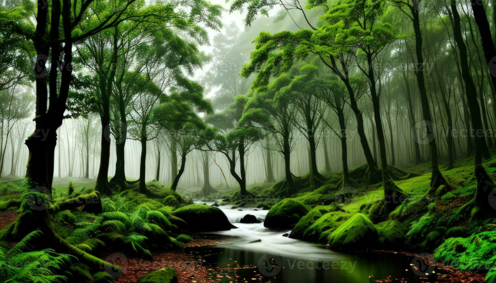 Mini River In The Green Forest Misty Morning Trees For Background Created With AI Generative photo
