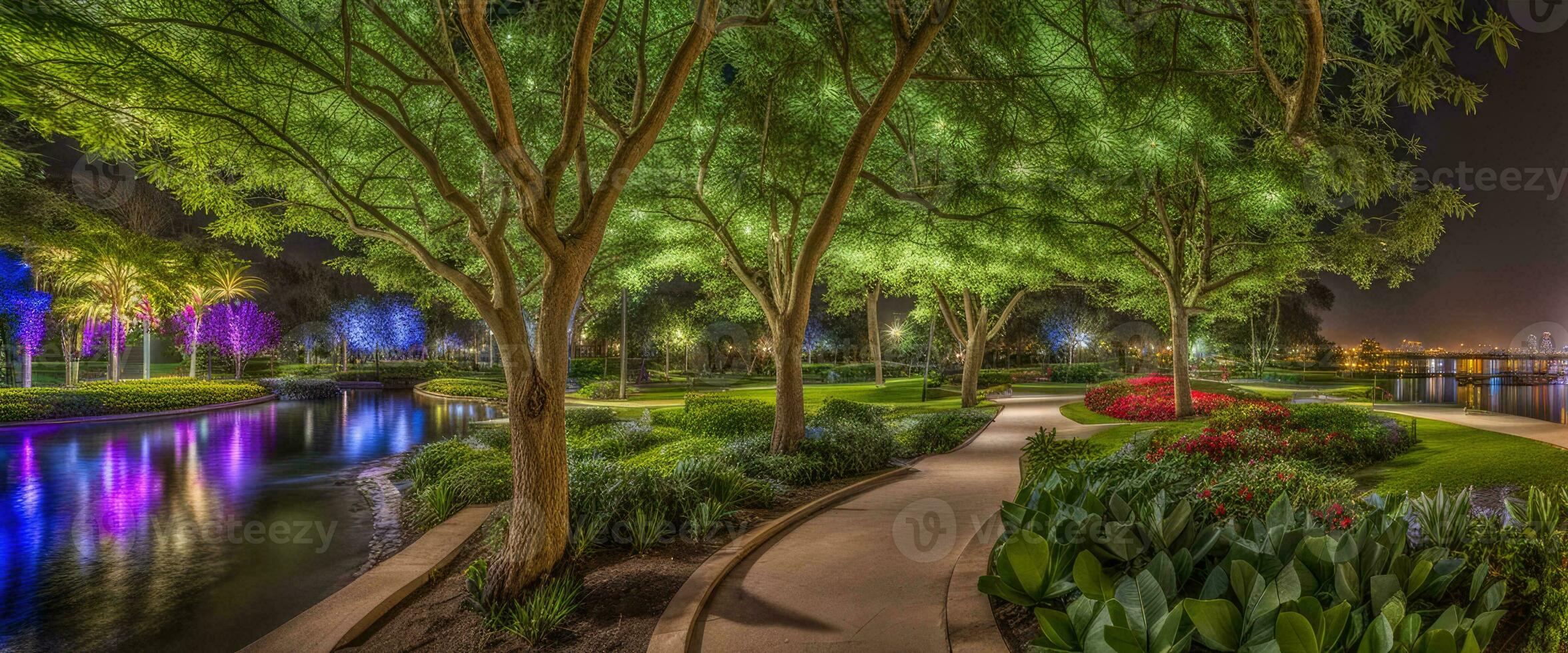 Horizontal anamorphic display night garden park environment photorealistic for background created with ai generative photo