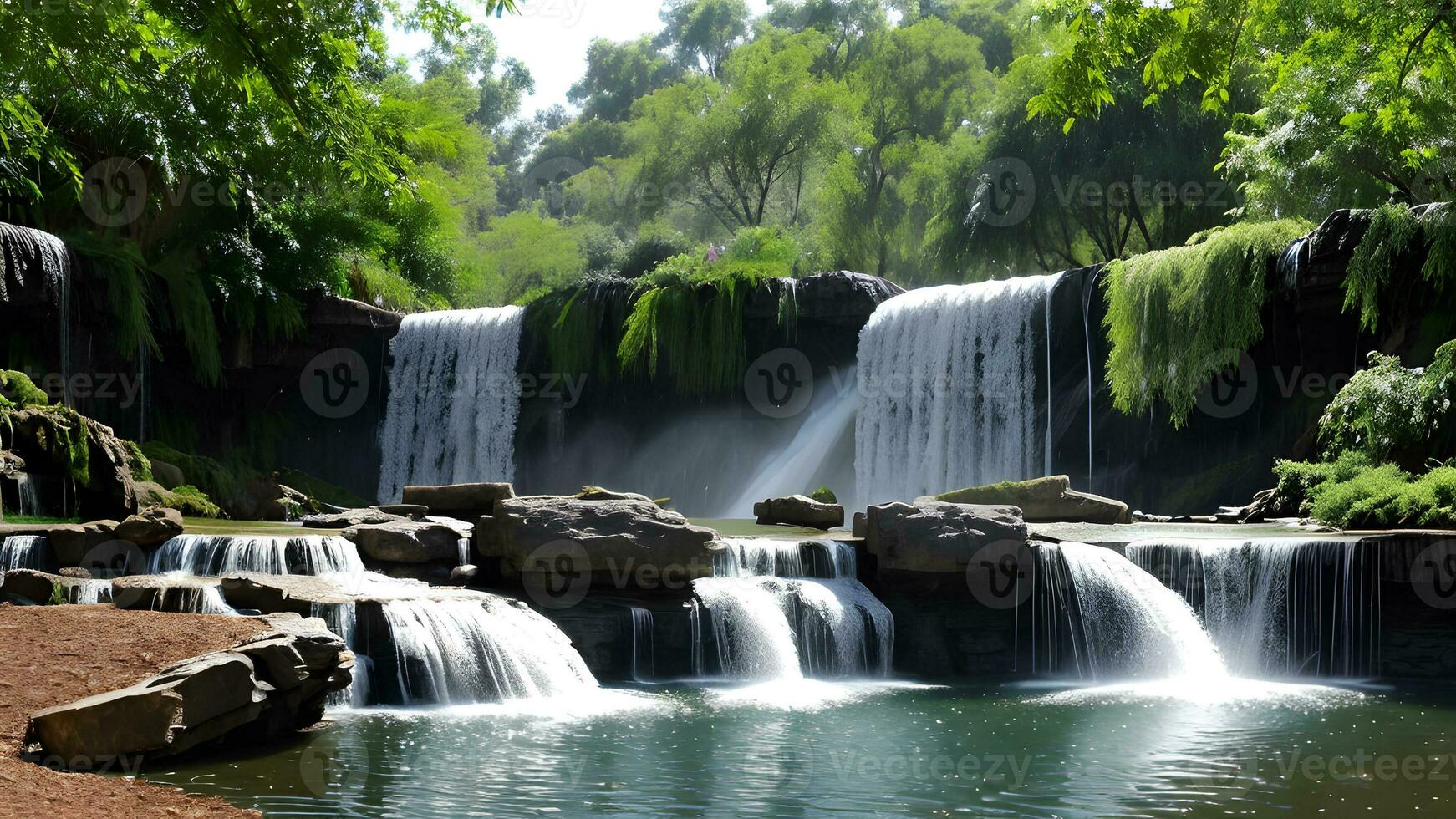 Scenic waterfall landscape in a park spring summer by green foliage of trees photo