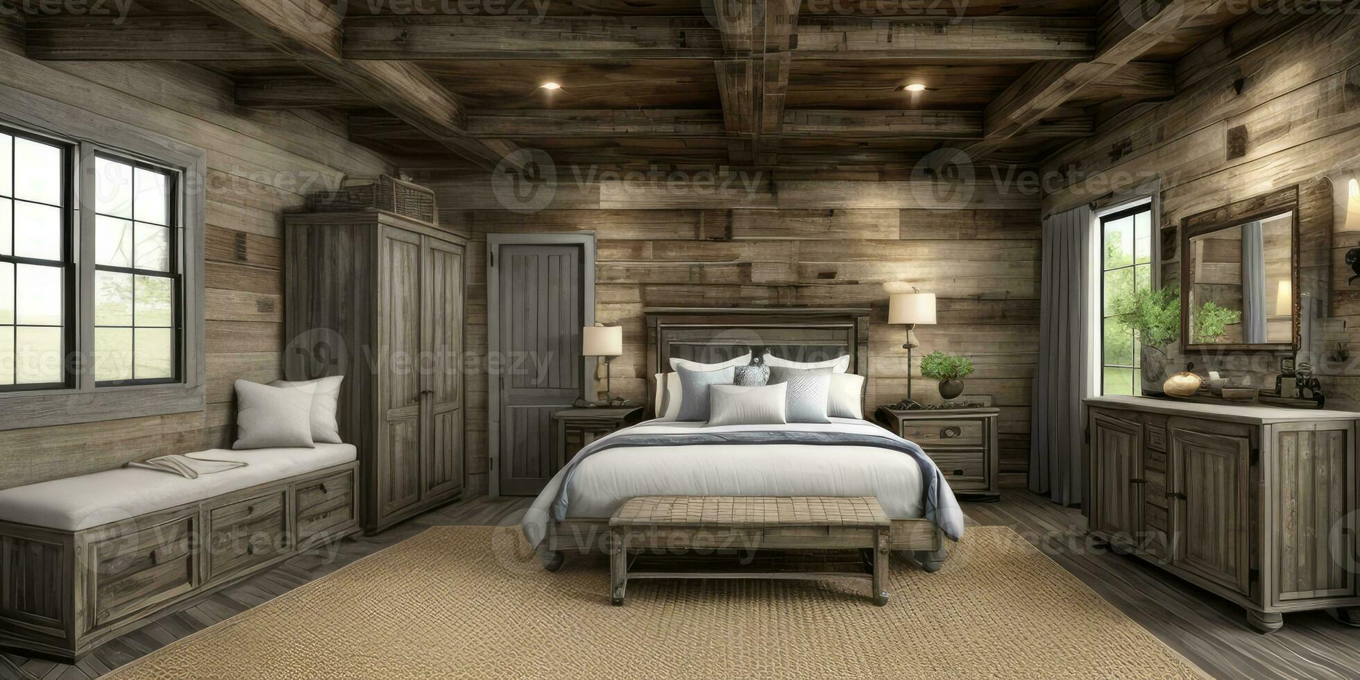 arquitectura rústico concepto interior dormitorio interior de madera mueble fotorrealista creado con ai generativo foto