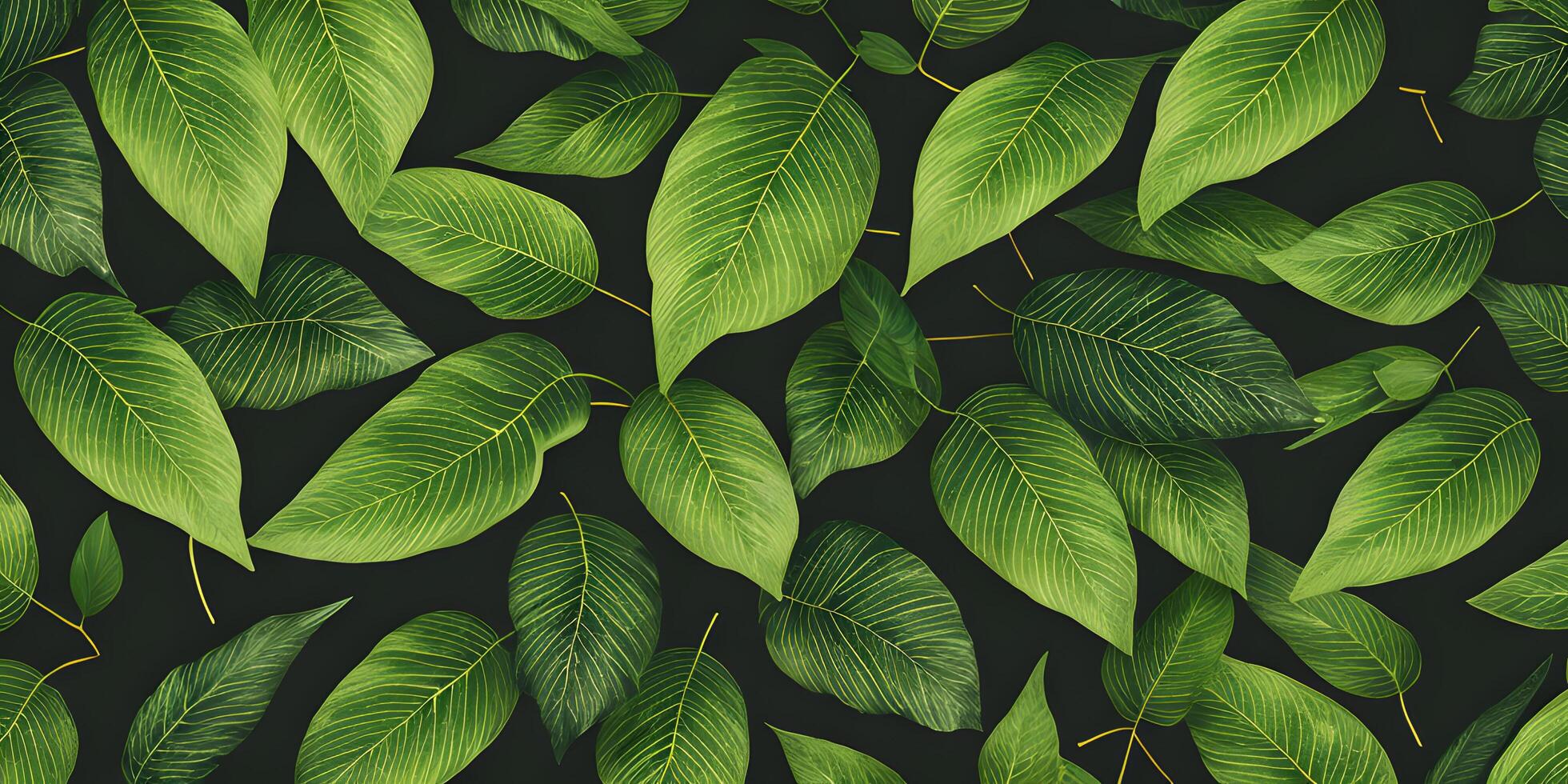 Pattern repetition green leaves display on dark background. photo