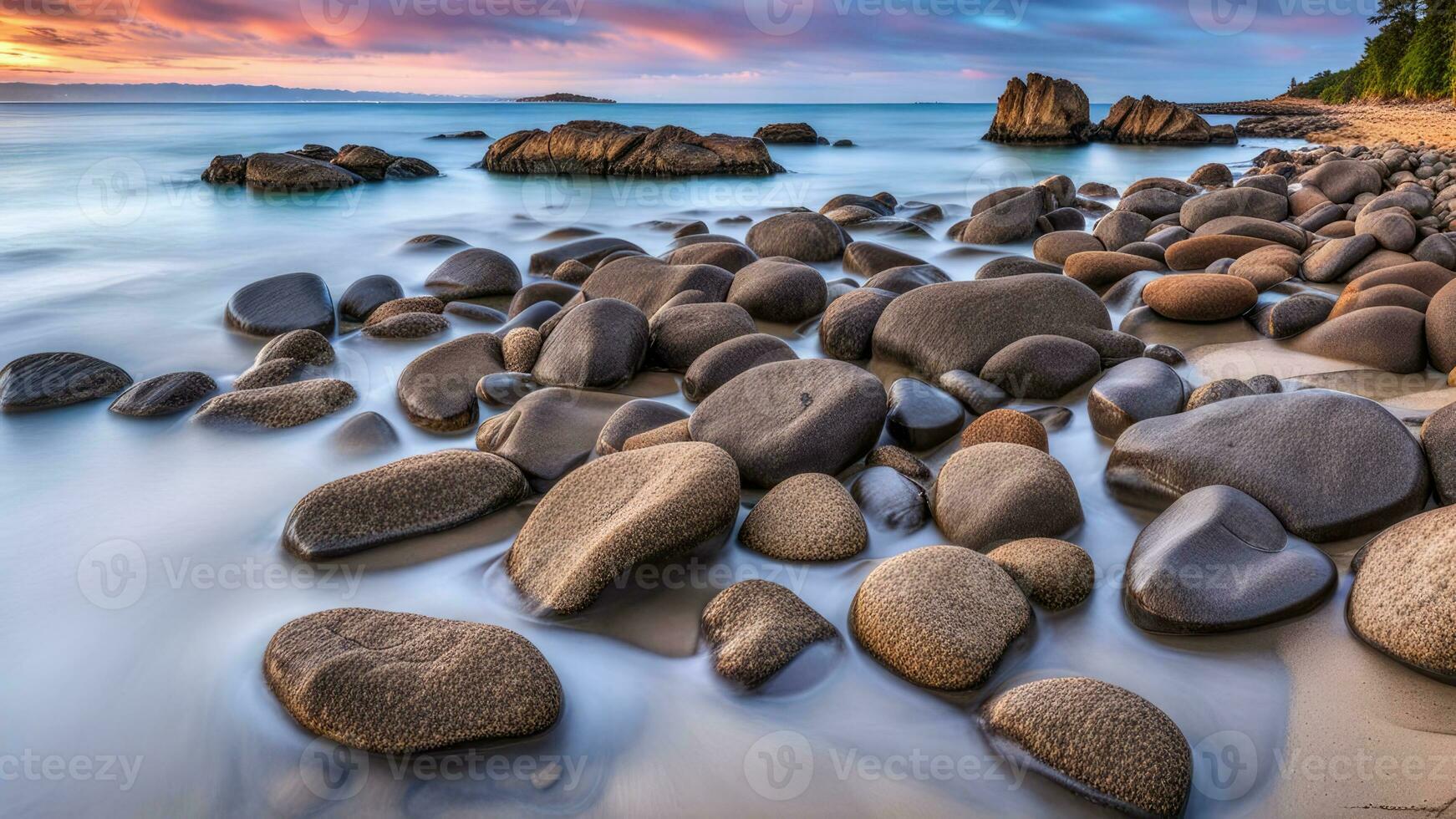 Landscape concept background of beautiful rocks on the beach at sunset created with ai generative photo