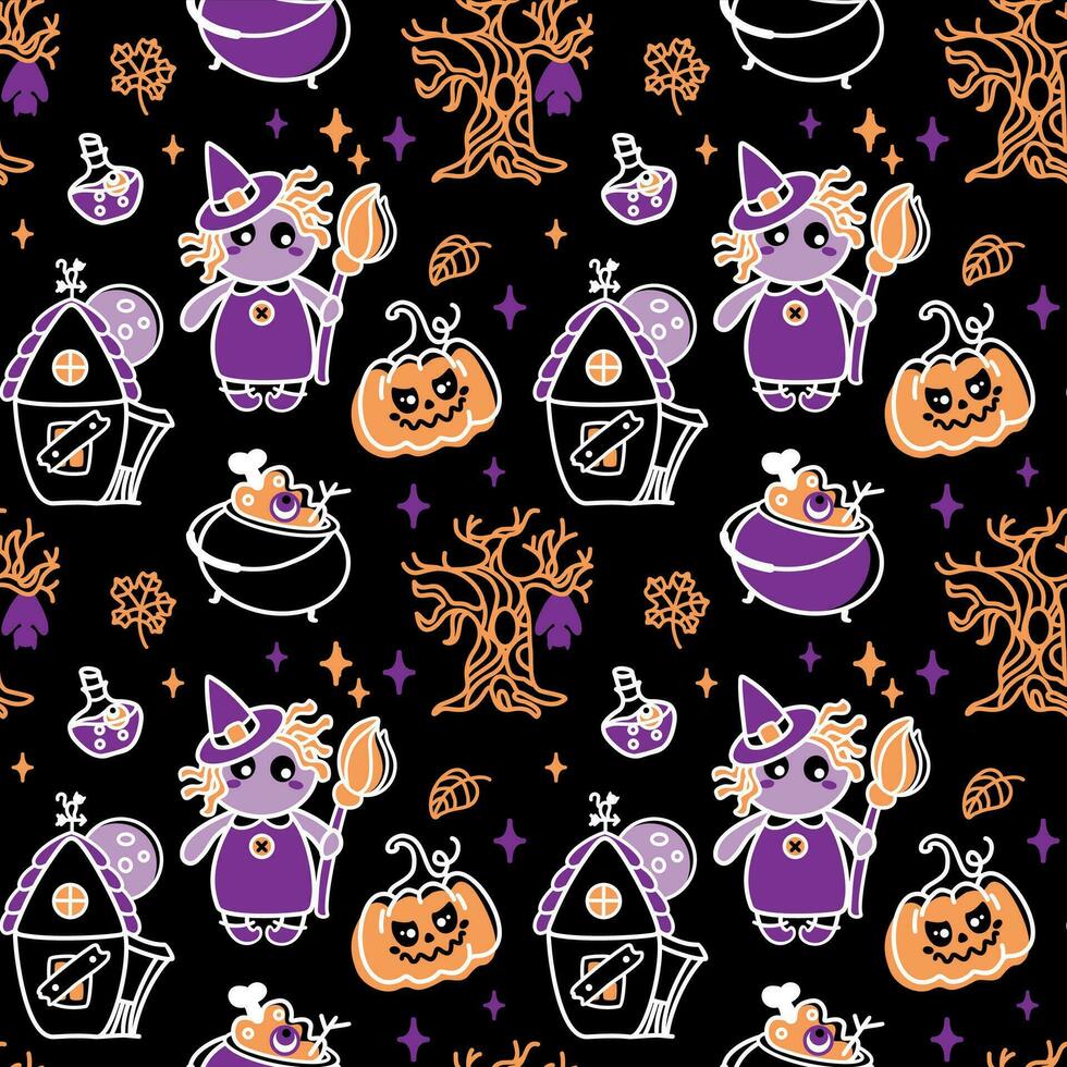 Cute witch on Halloween night. Happy Halloween. Children's print. Seamless pattern. vector