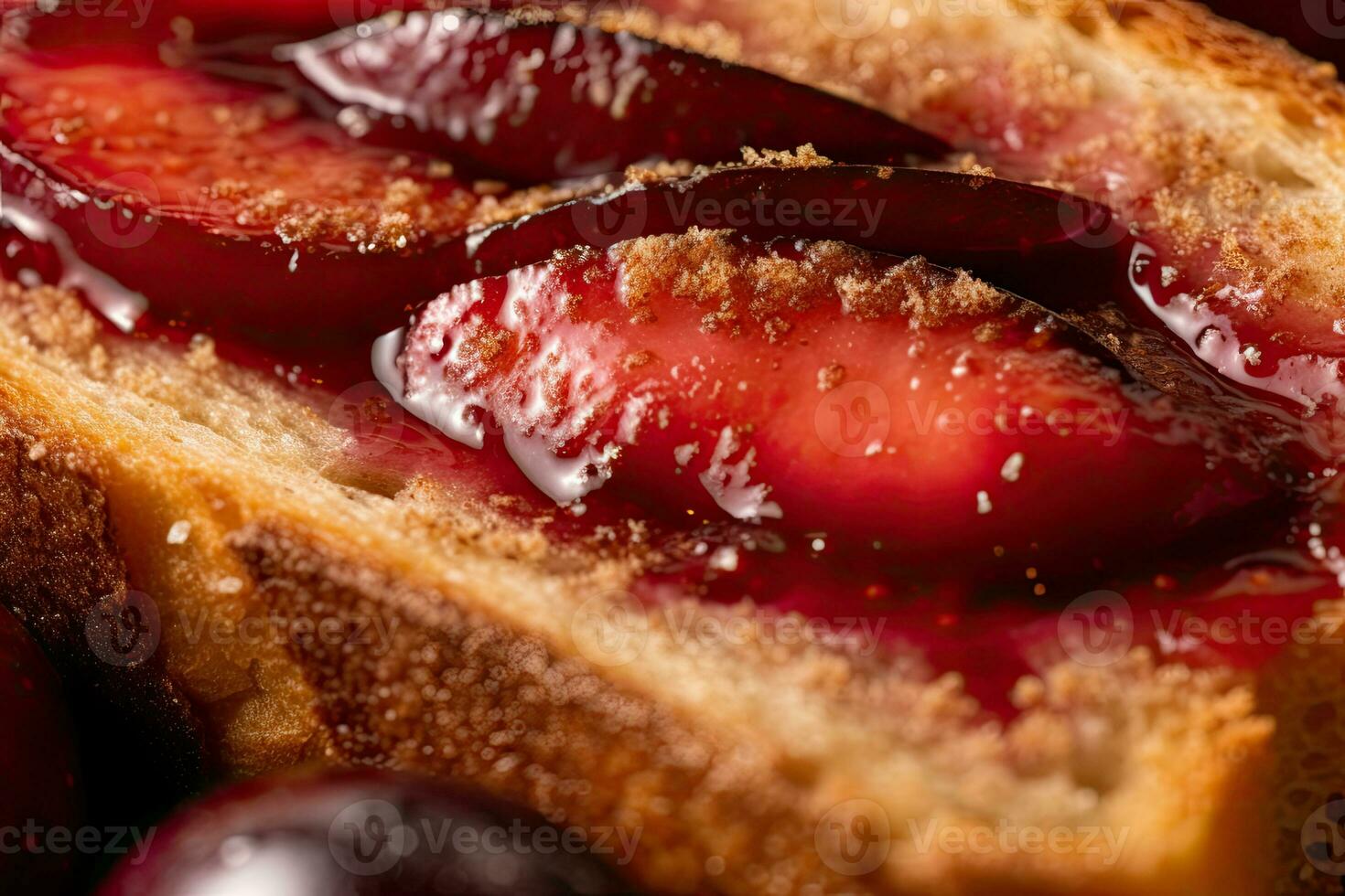 Plum toast, macro shot of a fresh breakfast with Dripping Honey, AI Generated photo