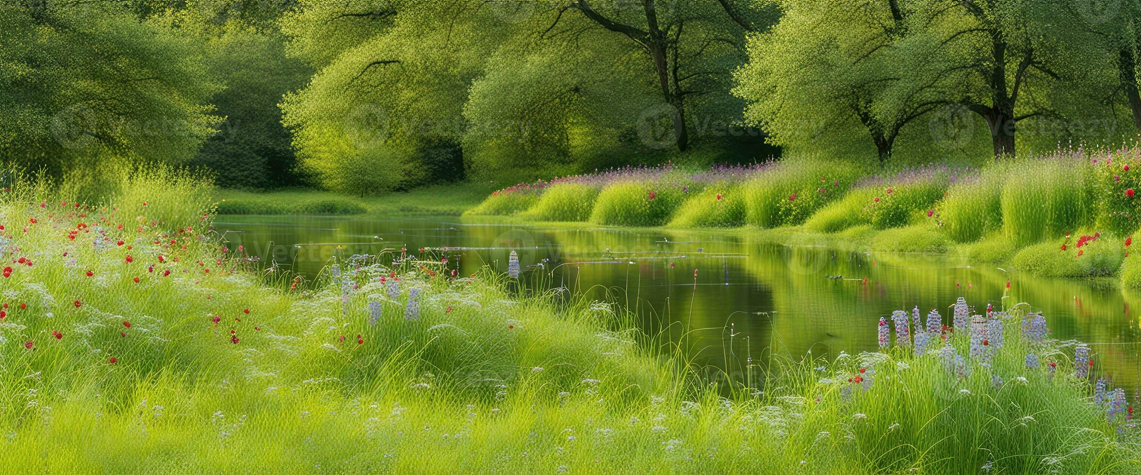 Landscape concept background beautiful meadows and natural pond in summertime created with ai generative photo