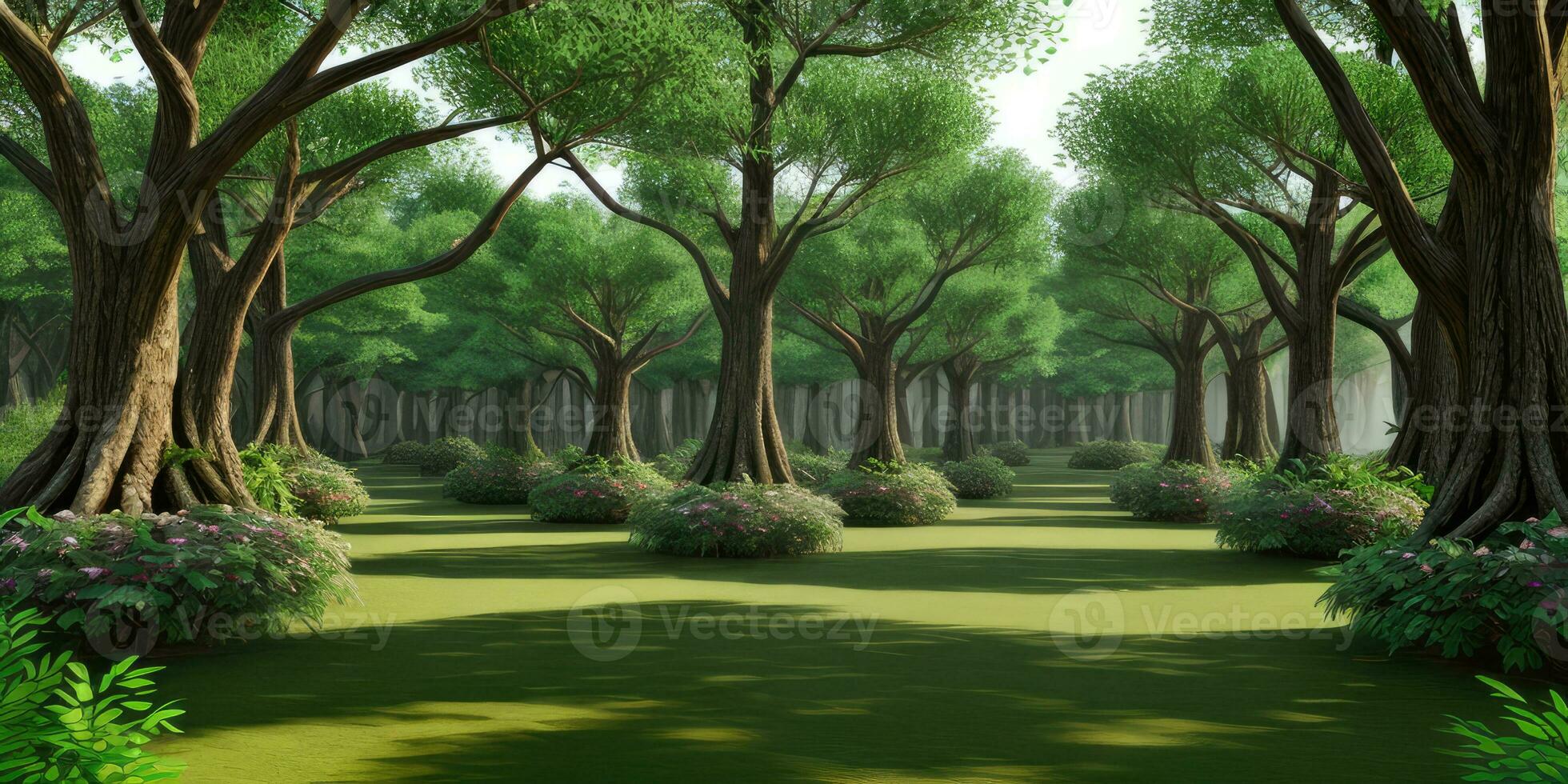 Scenic green meadow in the forest environment photorealistic created with ai generative photo
