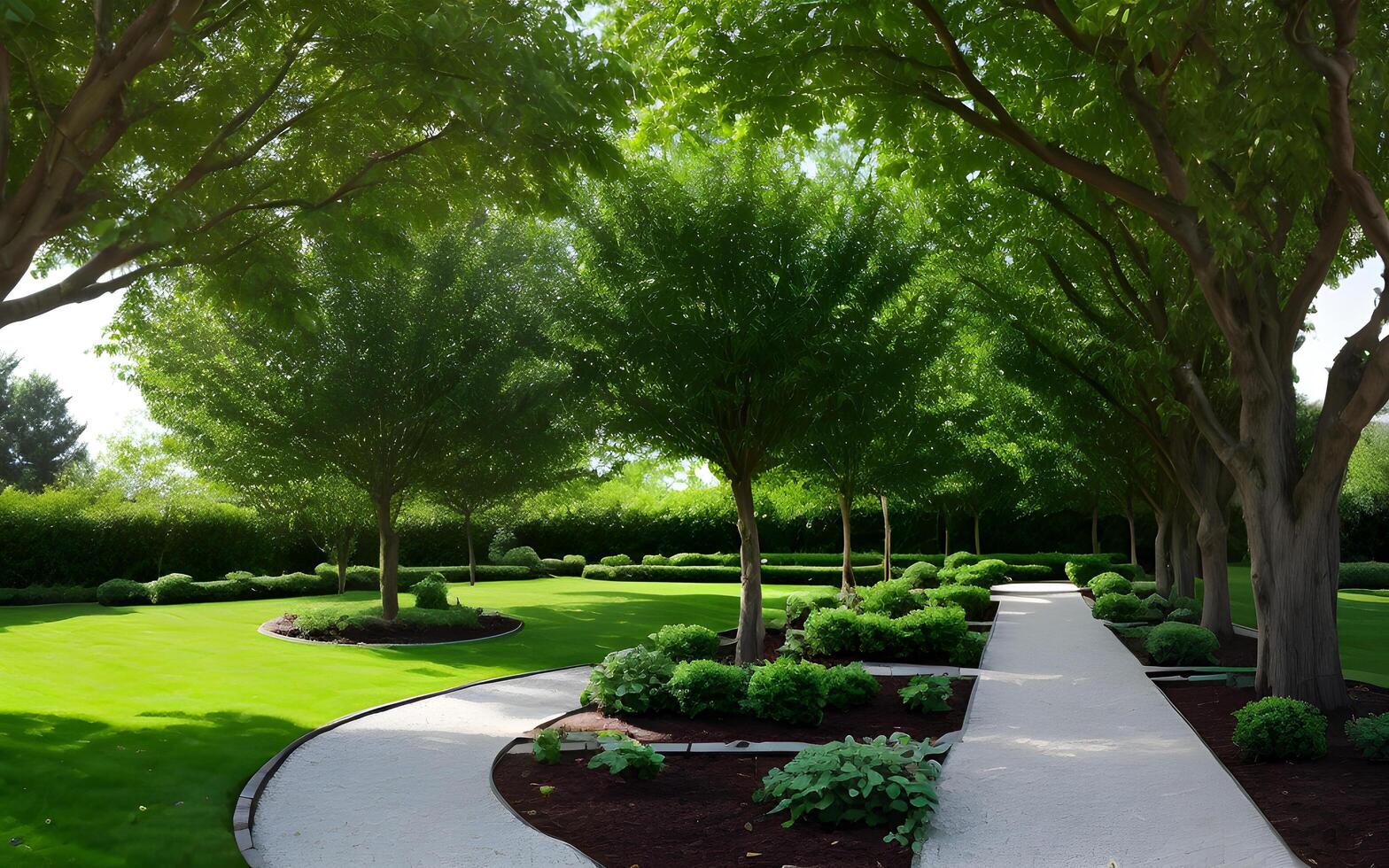 Scenic trees garden environment spring summer green foliages. photo