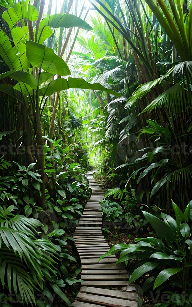 pathway in the jungle environment by green foliage of plants. AI Generative photo