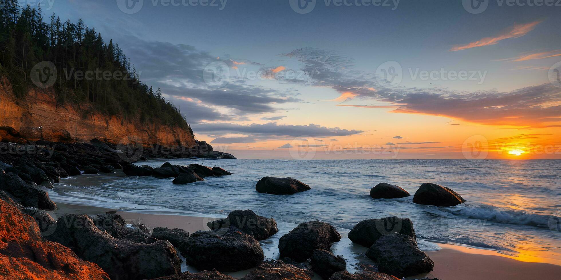 Magical sunset summer landscape on the beach by scenic rocks foreground. AI Generative photo