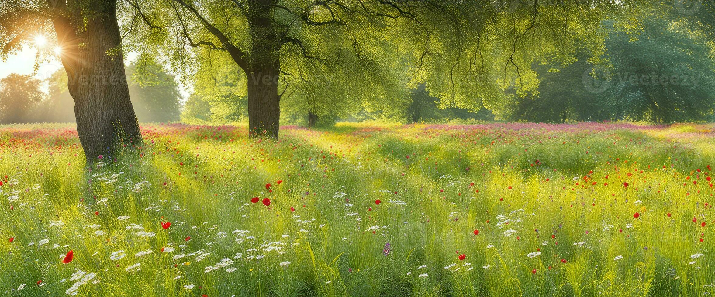 paisaje concepto antecedentes hermosa prado campos en Hora de verano creado con ai generativo foto