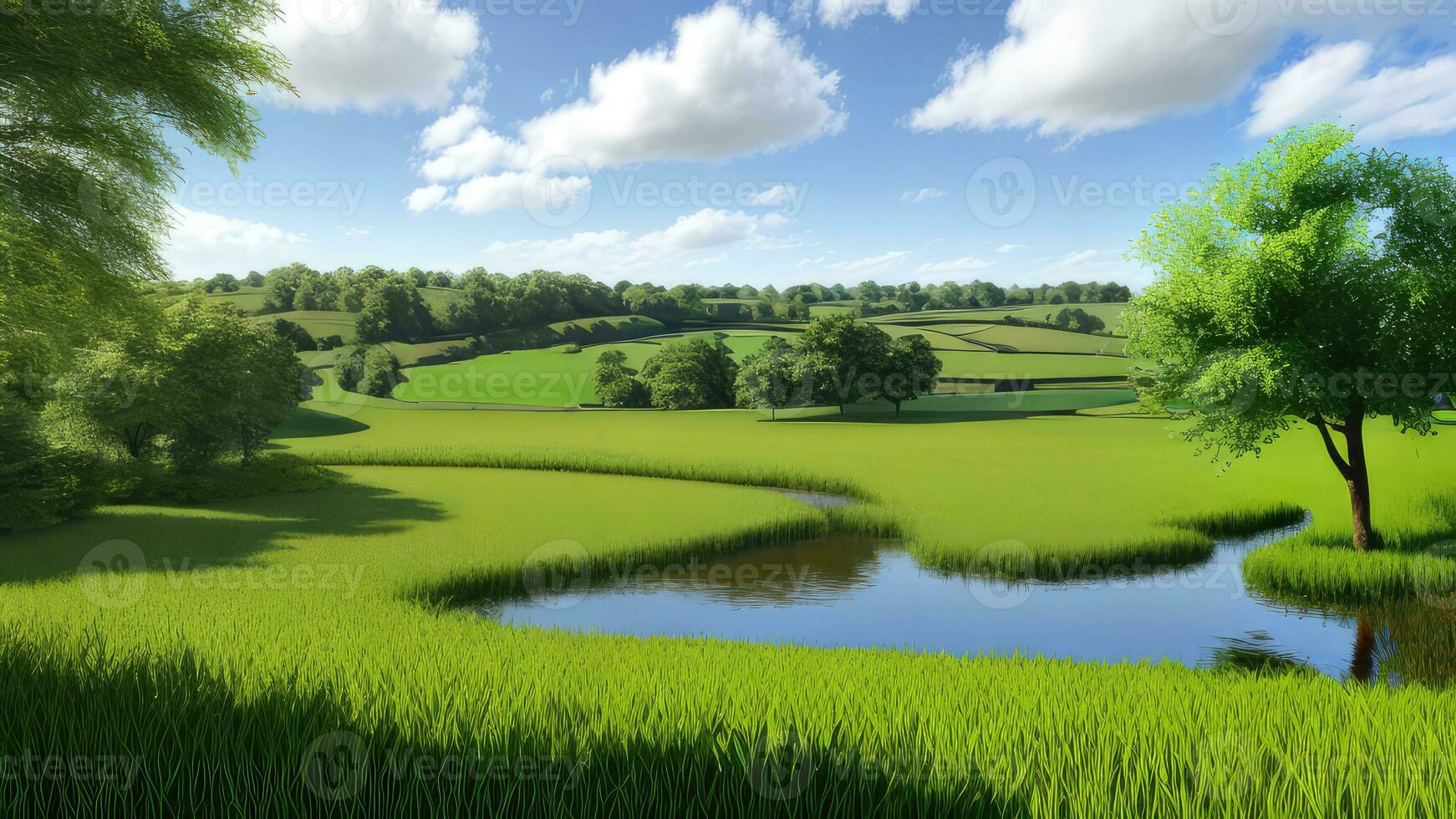 Rustic concept background of the photorealistic countryside rice fields created with ai generative photo