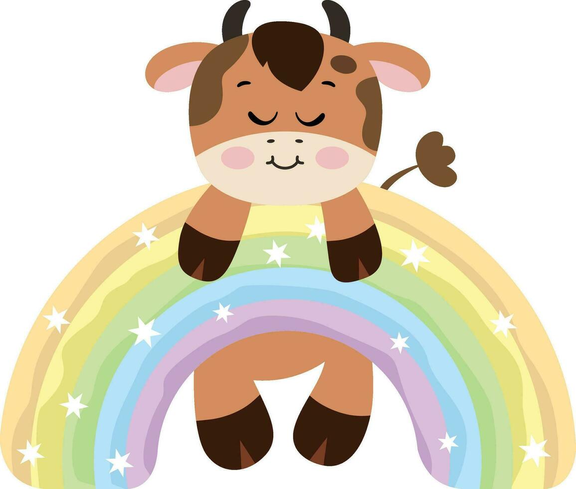 Cute cow hanging on magic rainbow vector