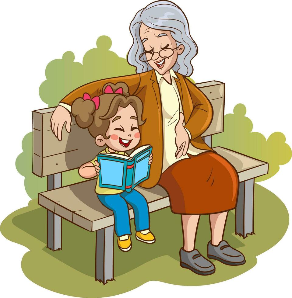 children reading a book sitting on the bench with his grandmother vector