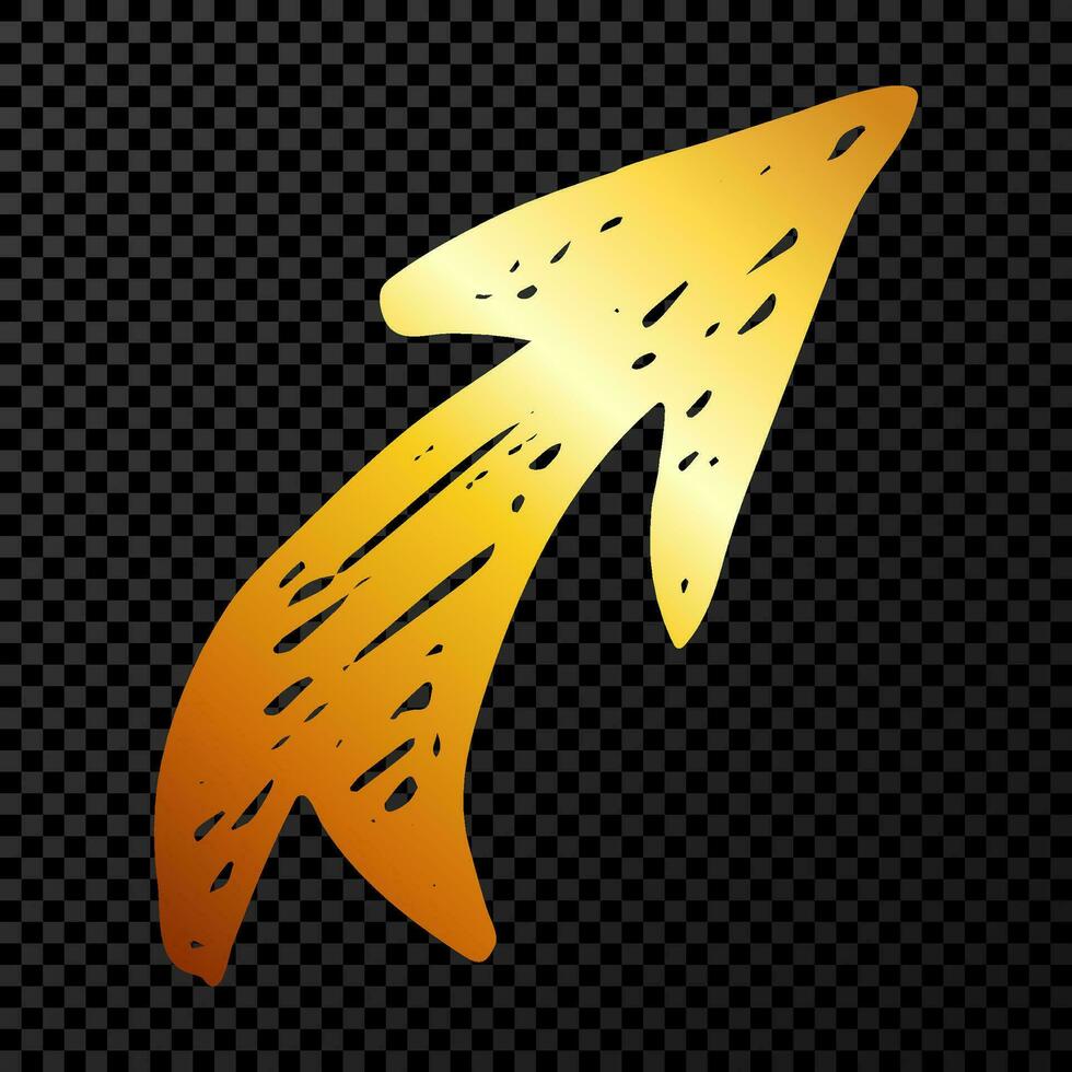 Gold hand drawn arrow. Sketch of gold doodle arrow isolated on dark background. Vector illustration.