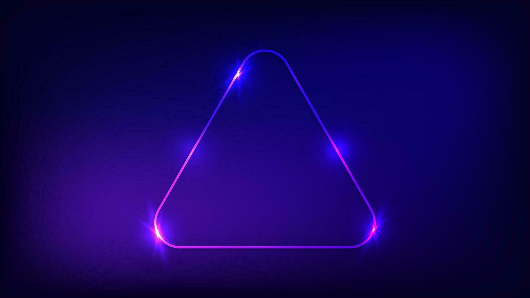 Neon rounded triangle frame with shining effects on dark background. Empty glowing techno backdrop. Vector illustration.