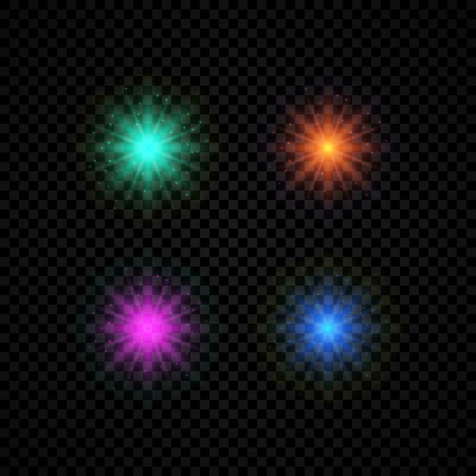 Light effect of lens flares. Set of four green, orange, purple and blue glowing lights starburst effects with sparkles on a dark background. Vector illustration