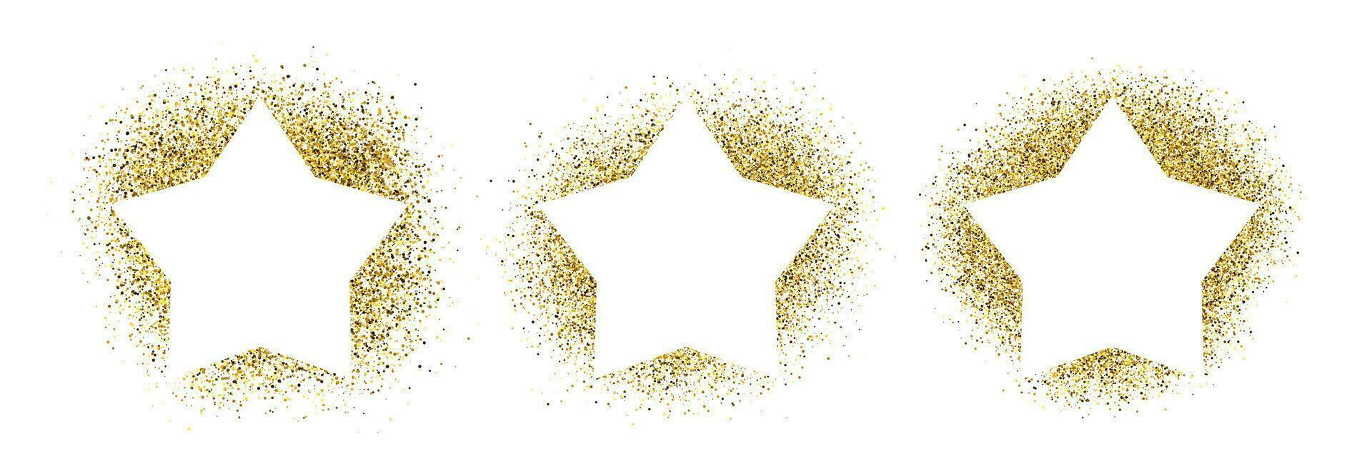 Set of three greeting cards with white star frame on golden glitter background. Empty white background. Vector illustration.