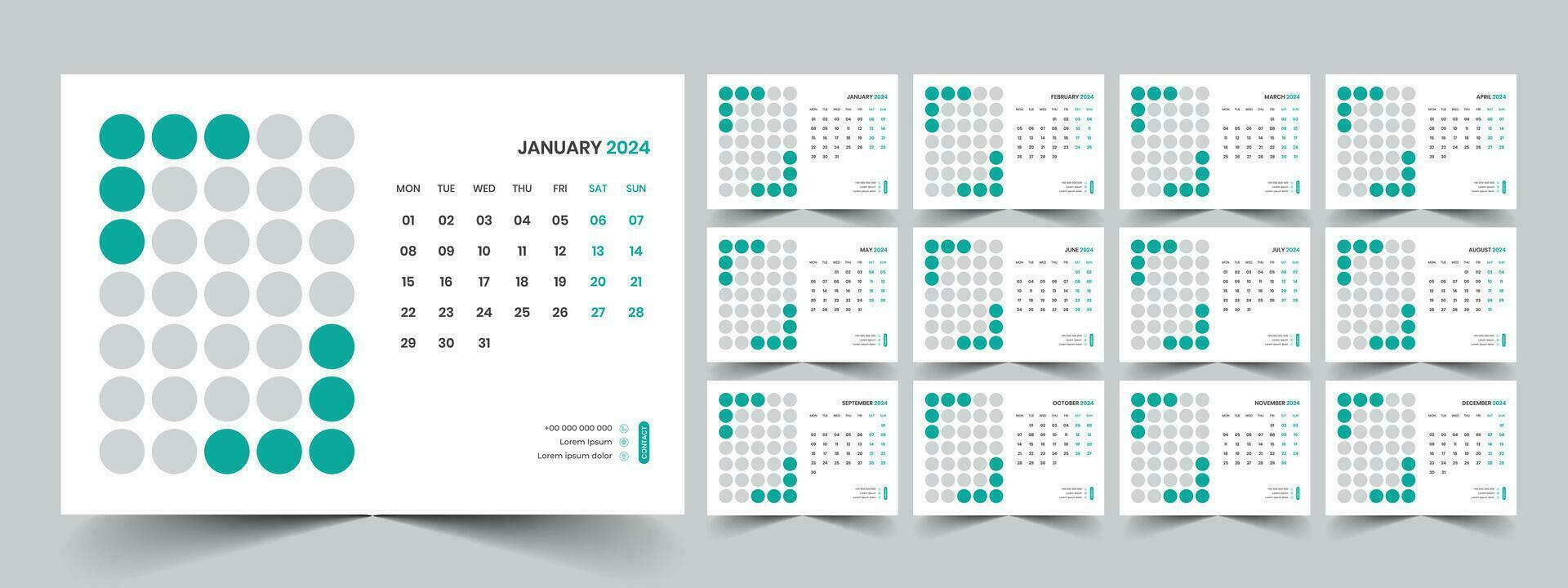 Calendar 2024 planner corporate template design set. Week starts on Monday. template for annual calendar 2024 vector