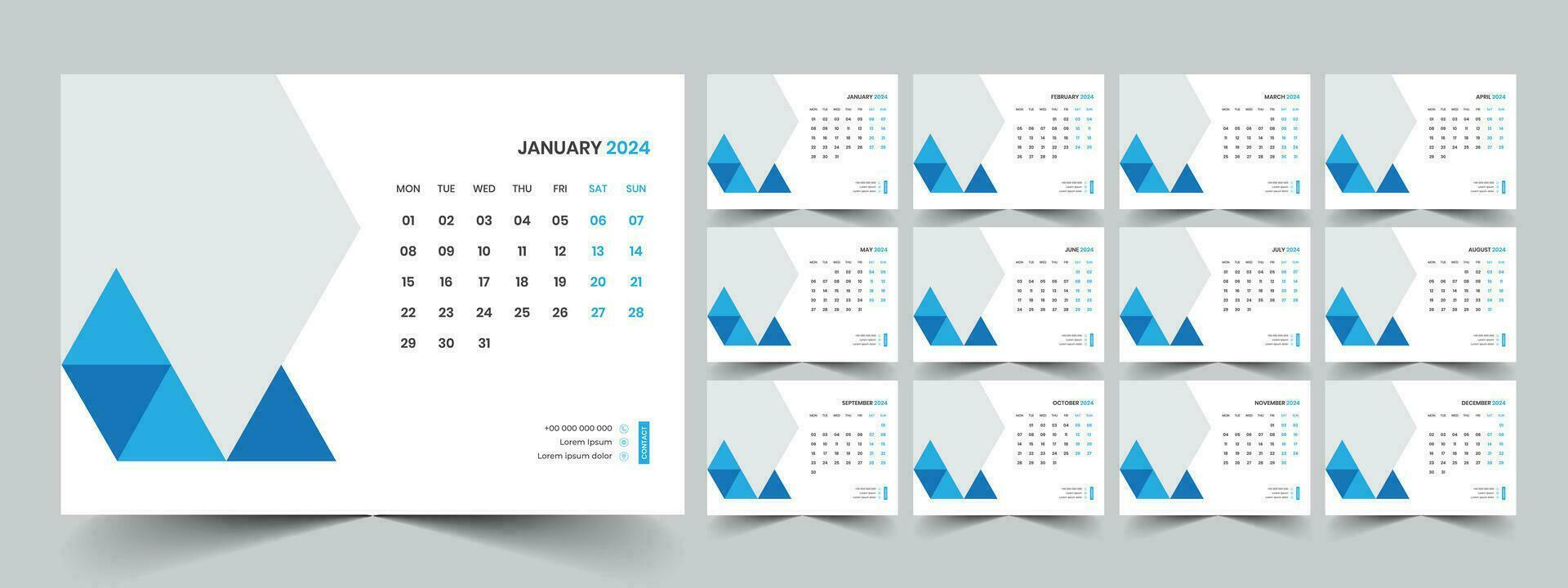 Calendar 2024 planner corporate template design set. Week starts on Monday. template for annual calendar 2024 vector