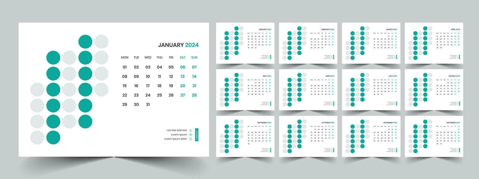 Calendar 2024 planner corporate template design set. Week starts on Monday. template for annual calendar 2024 vector