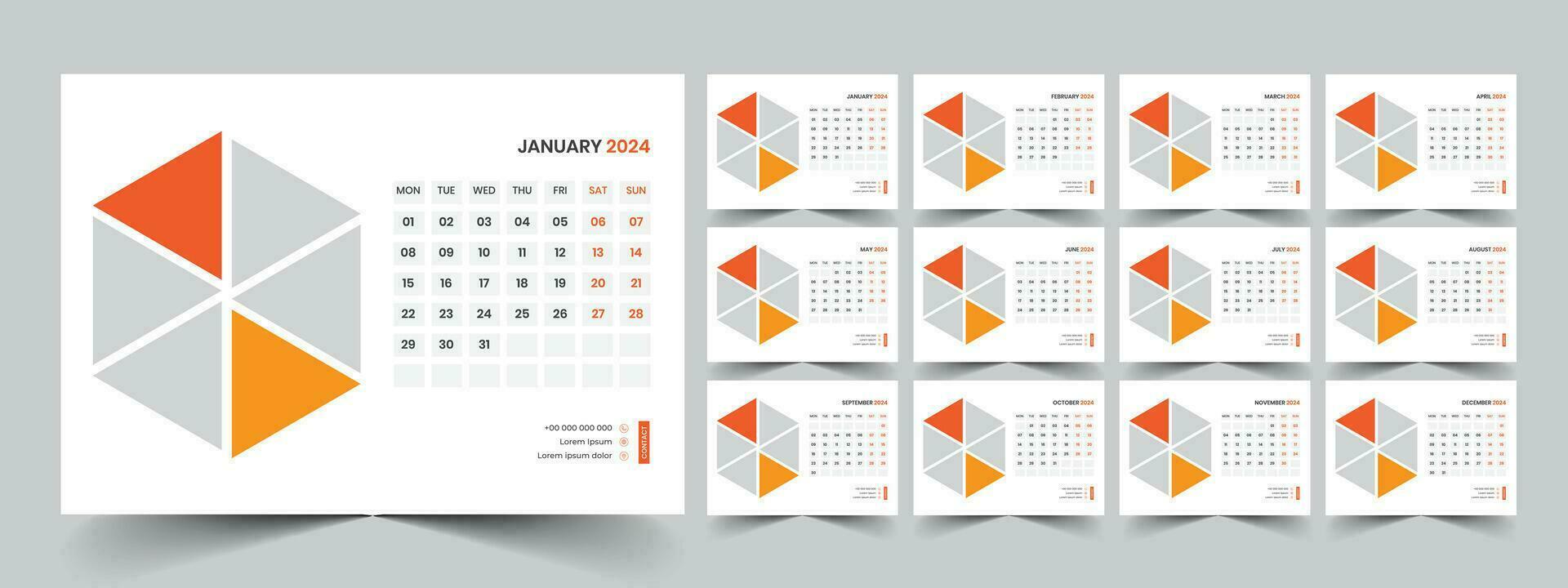 Calendar 2024 planner corporate template design set. Week starts on Monday. template for annual calendar 2024 vector