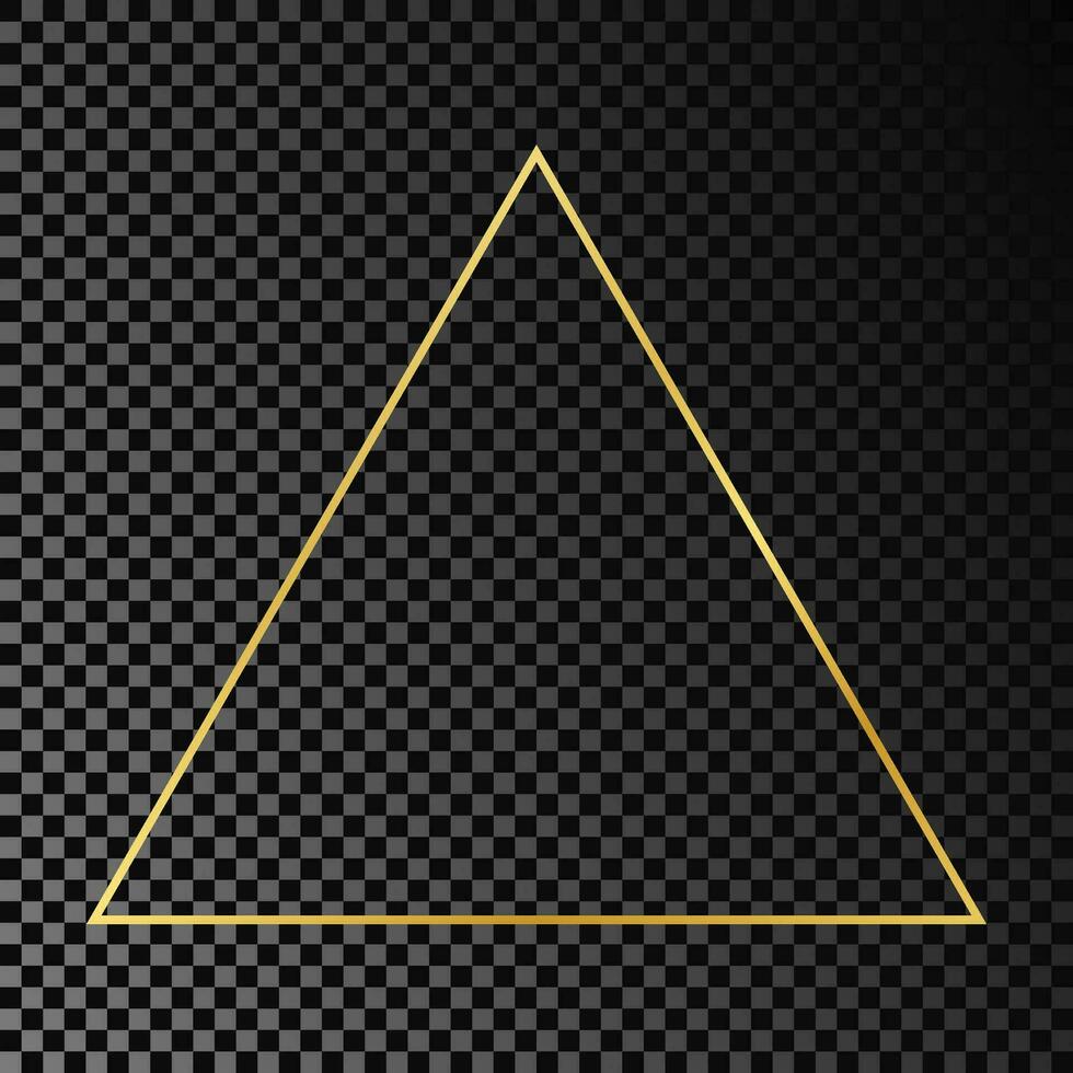Gold glowing triangle frame isolated on dark background. Shiny frame with glowing effects. Vector illustration.