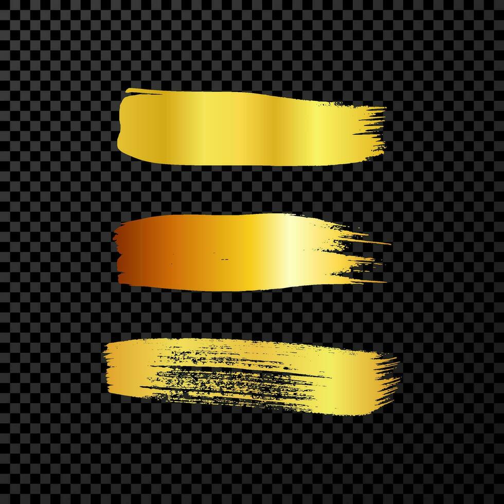 Gold grunge brush strokes. Set of three painted ink stripes. Ink spot isolated on dark background. Vector illustration
