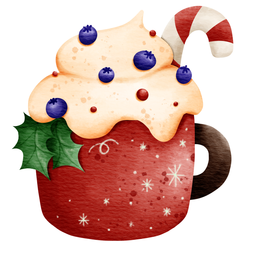 Isolated cute winter christmas berry whipped cream beverage in mug with sugar cane and holly leaves in watercolor style and transparent background png