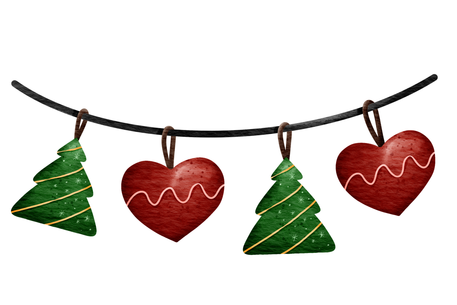 Isolated cute christmas tree and heart ornament with rope in watercolor style and transparent background png