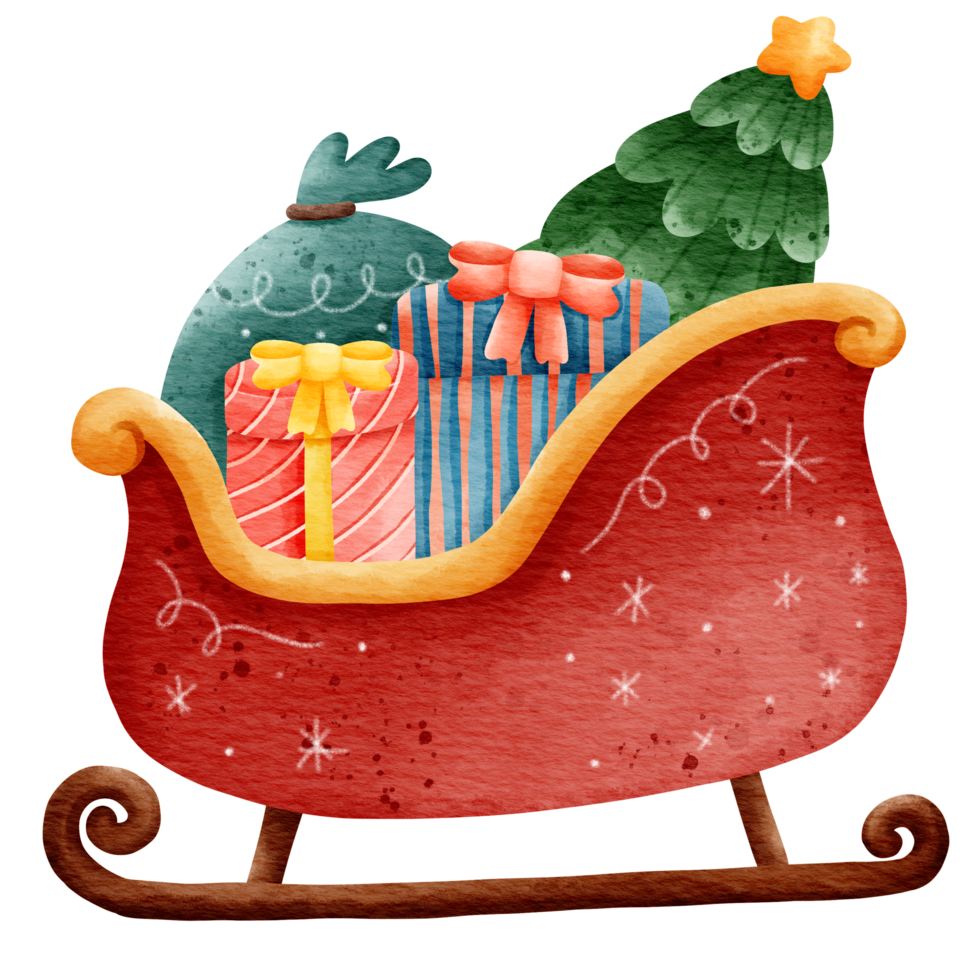 Isolated cute santa sleigh with present and christmas tree in watercolor style and transparent background png