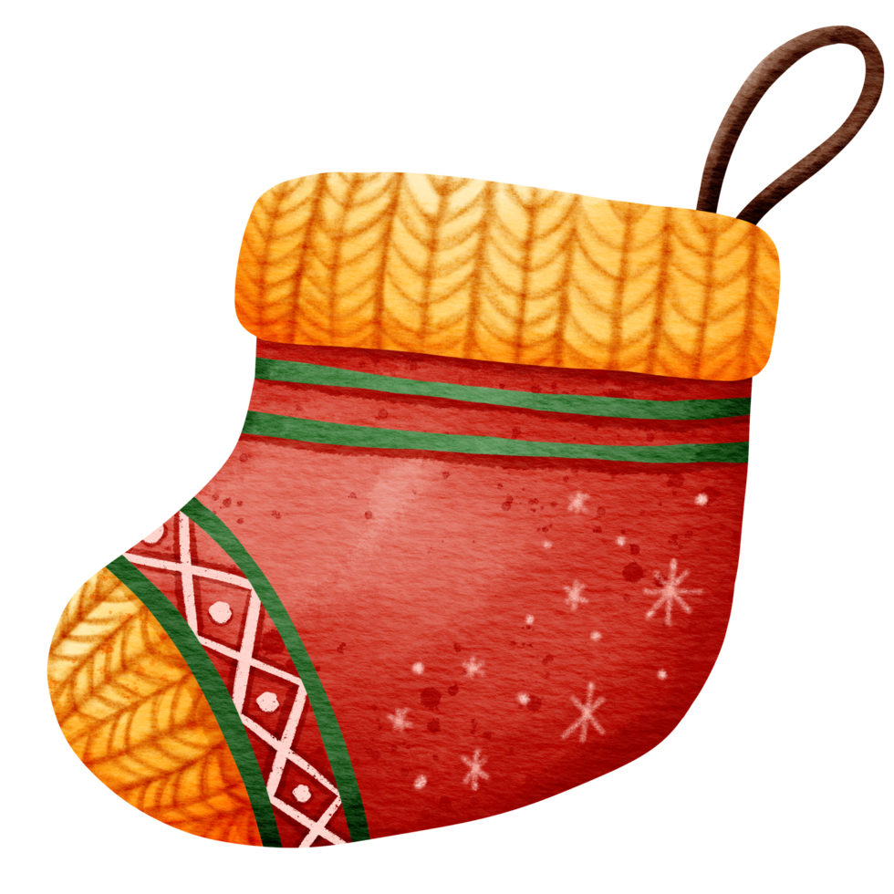 Isolated cute knitted christmas sock in watercolor style and transparent background png