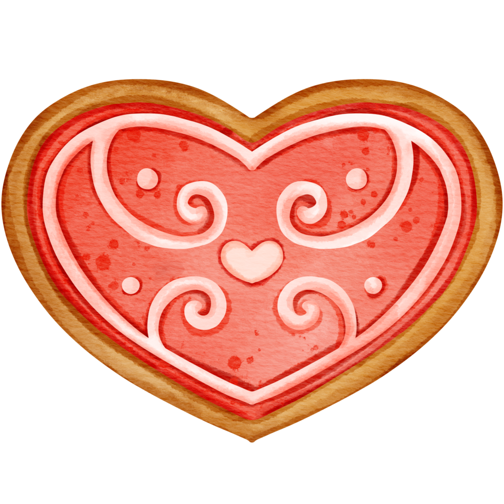 Isolated cute heart shape gingerbread cookie in watercolor style and transparent background png
