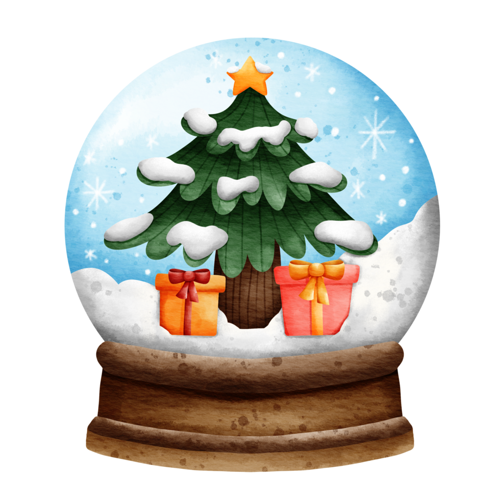 Isolated cute winter christmas tree and gift snow globe in watercolor style and transparent background png