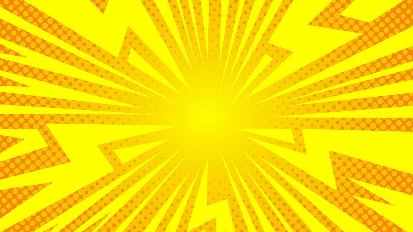 Yellow comic background with lightning, rays and halftone effects. Vector illustration