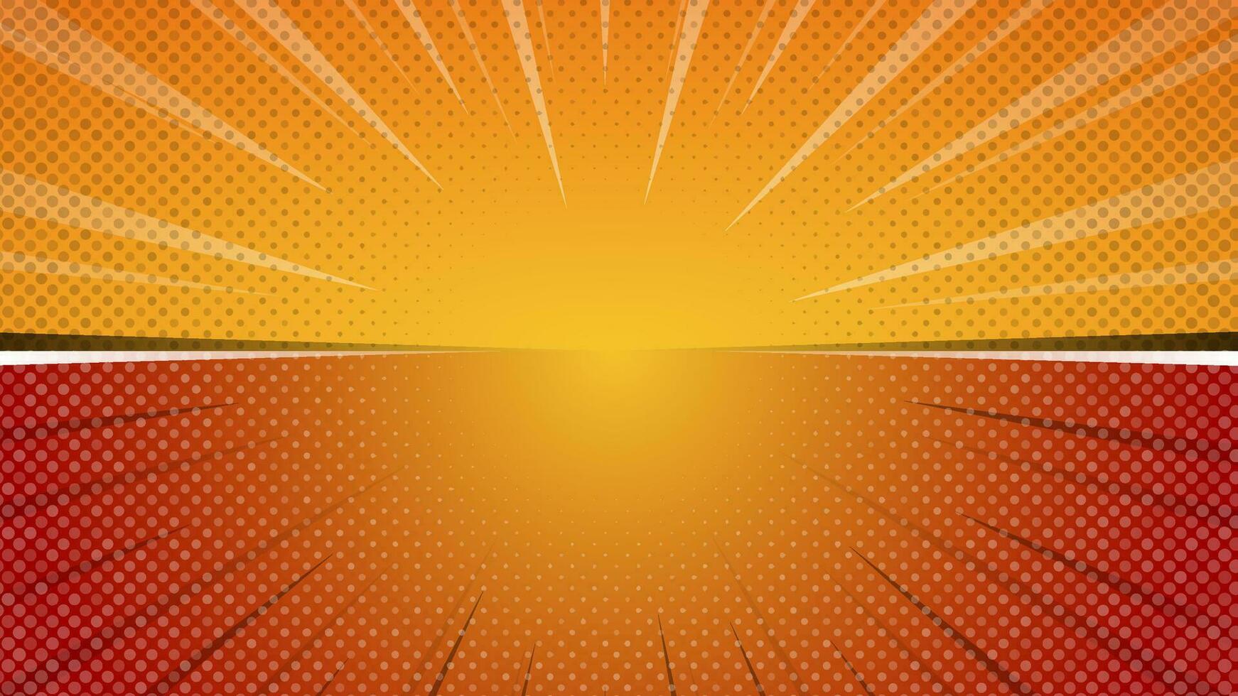 Comic book orange background with rays and halftone dots. Sunburst background illustration for your design. vector