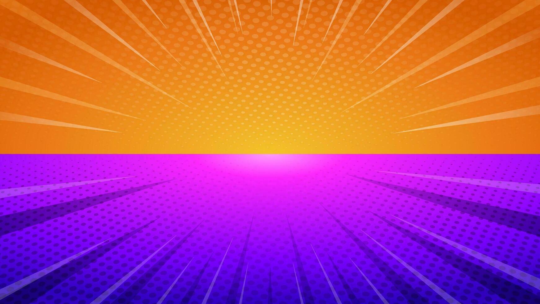 Comic orange purple background with halftone effect and rays. Sunburst background illustration for your design. vector