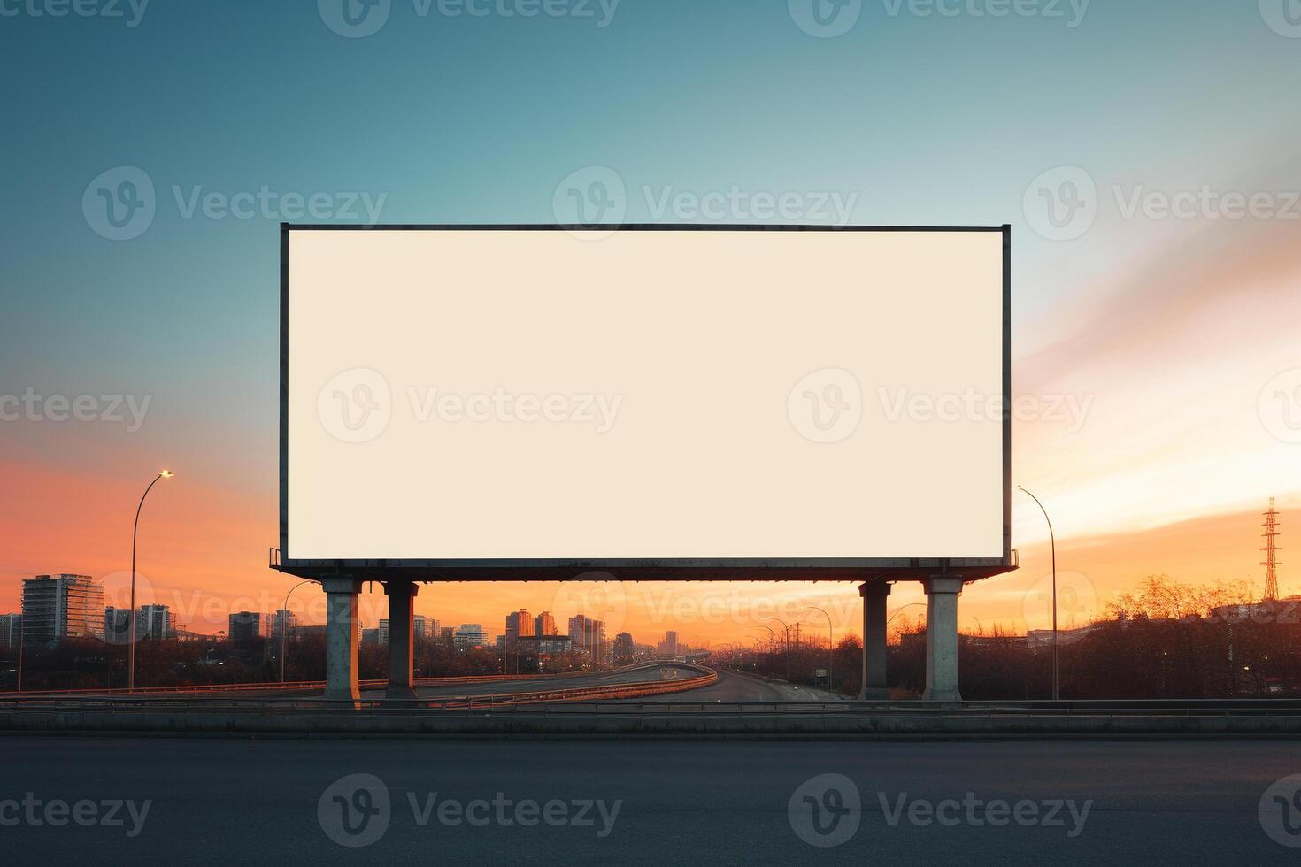 Vibrant sunset forming a fiery backdrop for a blank billboard frame, perfect for bold advertising photo