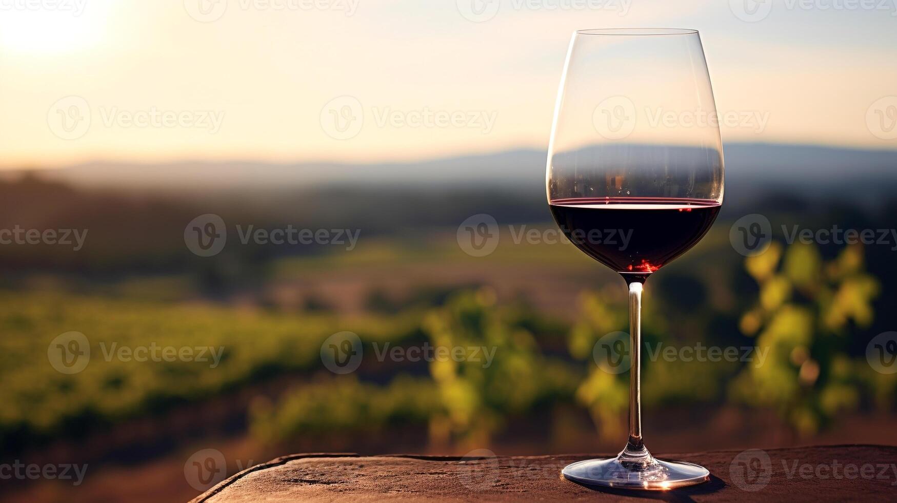 Close-up of Glass of Red Wine Reflecting Vineyard Landscape Offering Serene Ambiance photo