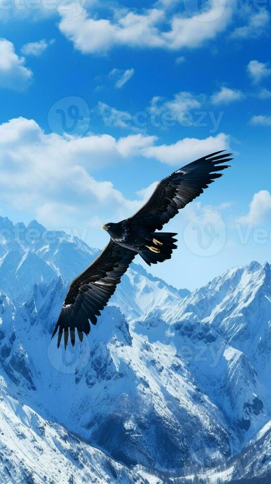 majestuoso águila altísimo encima un prístino, nevadas montaña rango debajo un azul cielo ai generativo foto