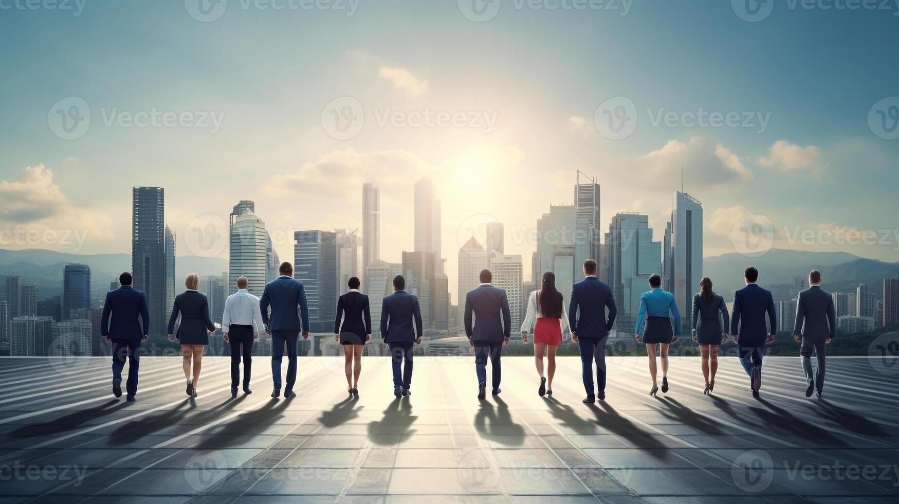 Business professionals on the start line of a running track against a cityscape photo