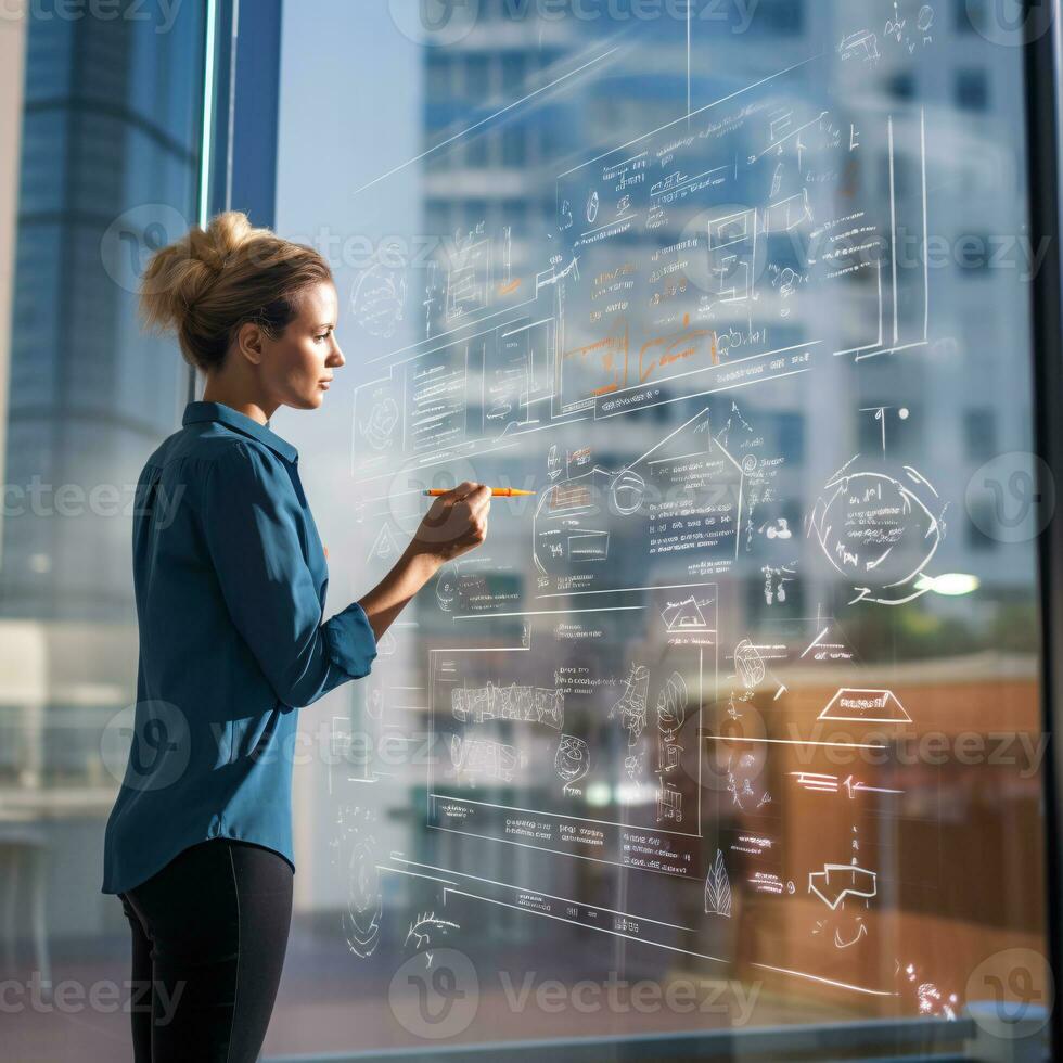 Woman strategizing business plans on a clear glass board with ample left-side copyspace for branding AI Generative photo