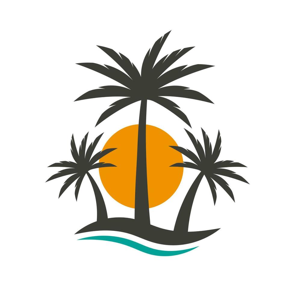 Palm tree, sun and birds. Summer icon logo. Sunset or sunrise concept on an island. Vector illustration isolated on white background