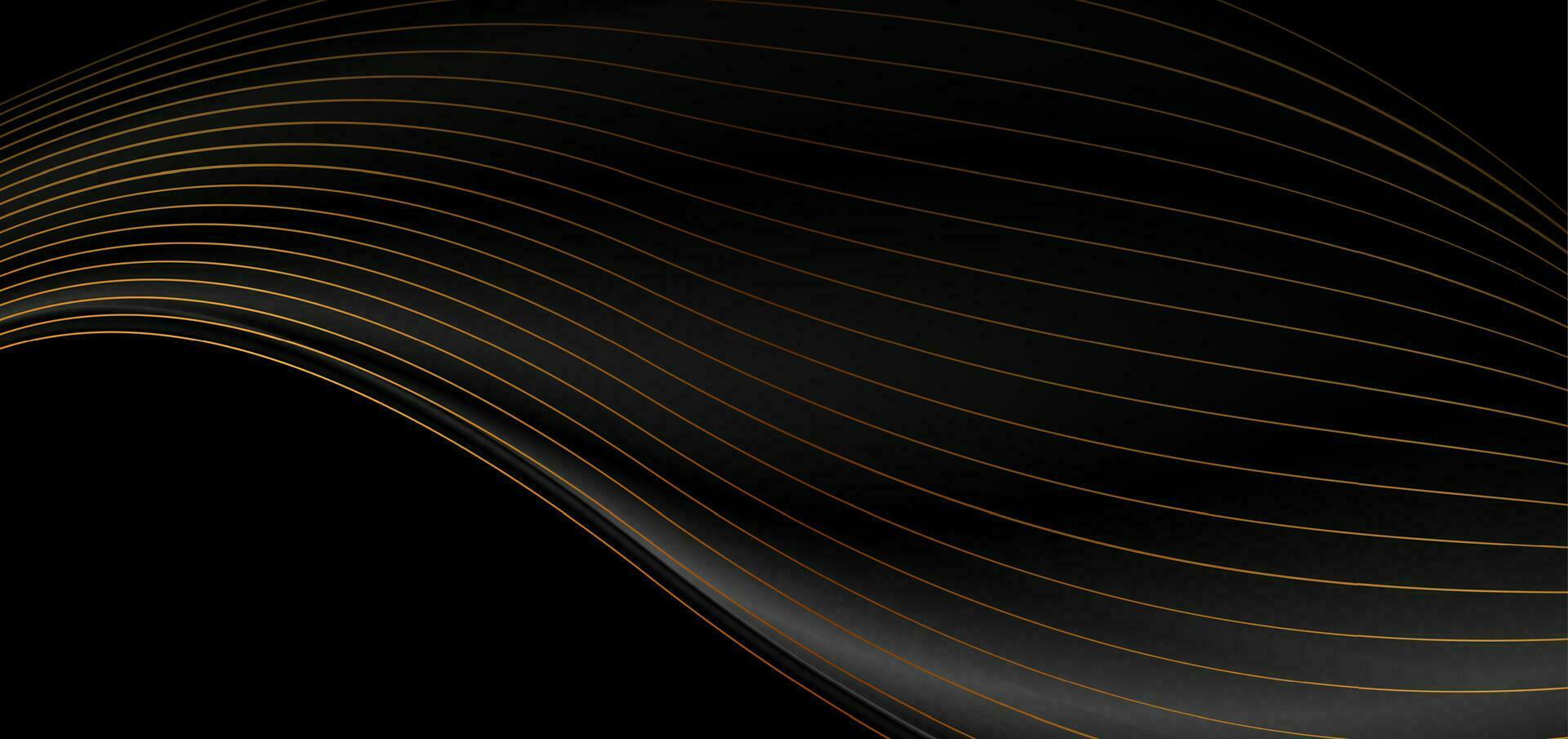 Black abstract waves background with golden lines vector