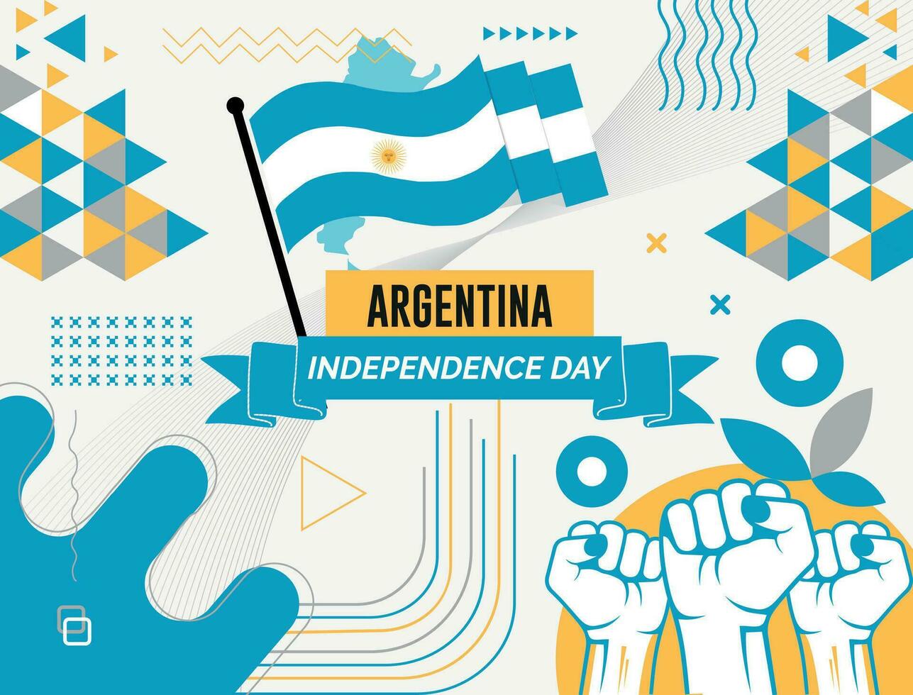 ARGENTINA  national day banner with map, flag colors theme background and geometric abstract retro modern colorfull design with raised hands or fists. vector