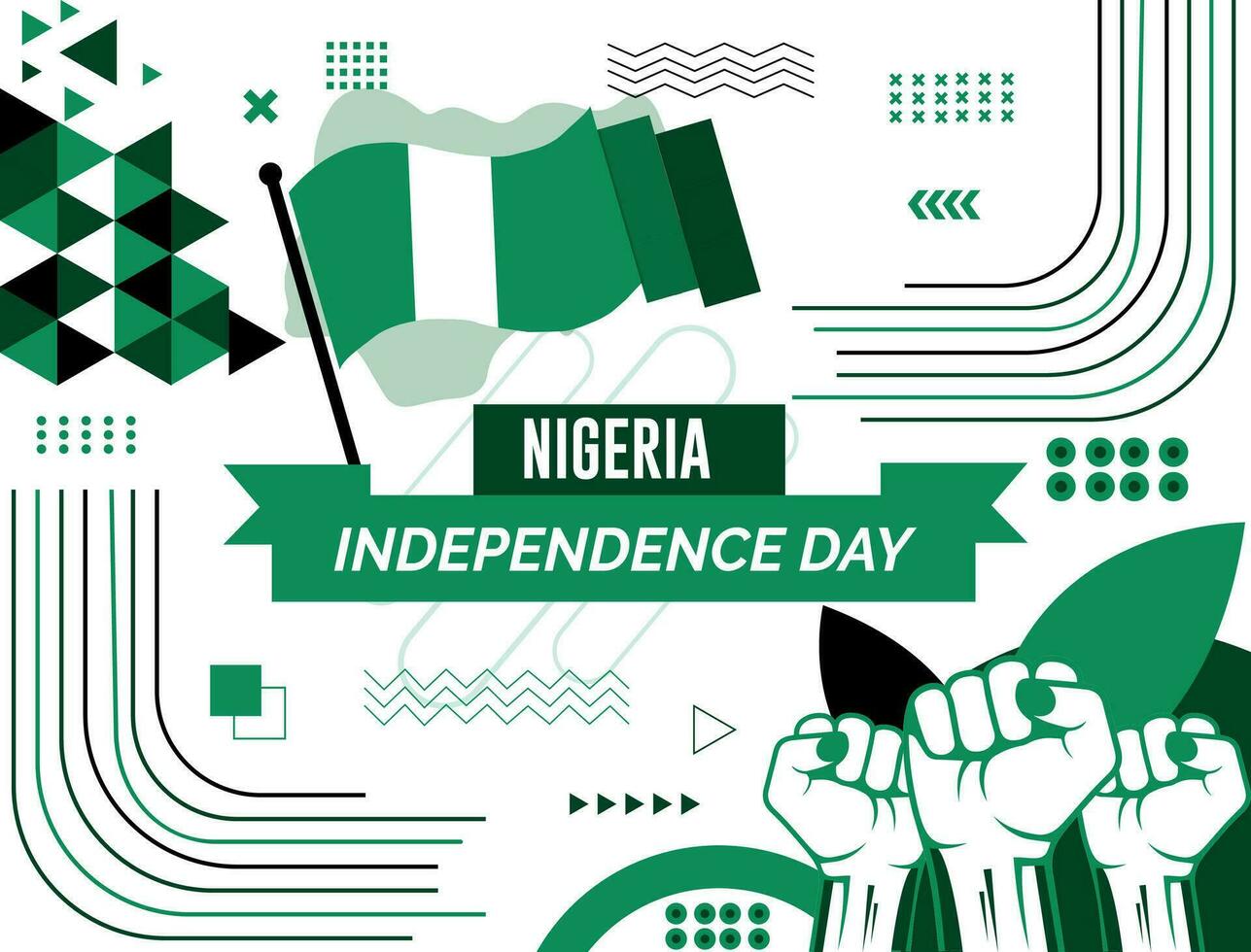 Nigeria nacional día bandera con mapa, bandera colores tema antecedentes y geométrico resumen retro moderno colorido diseño con elevado manos o puños vector