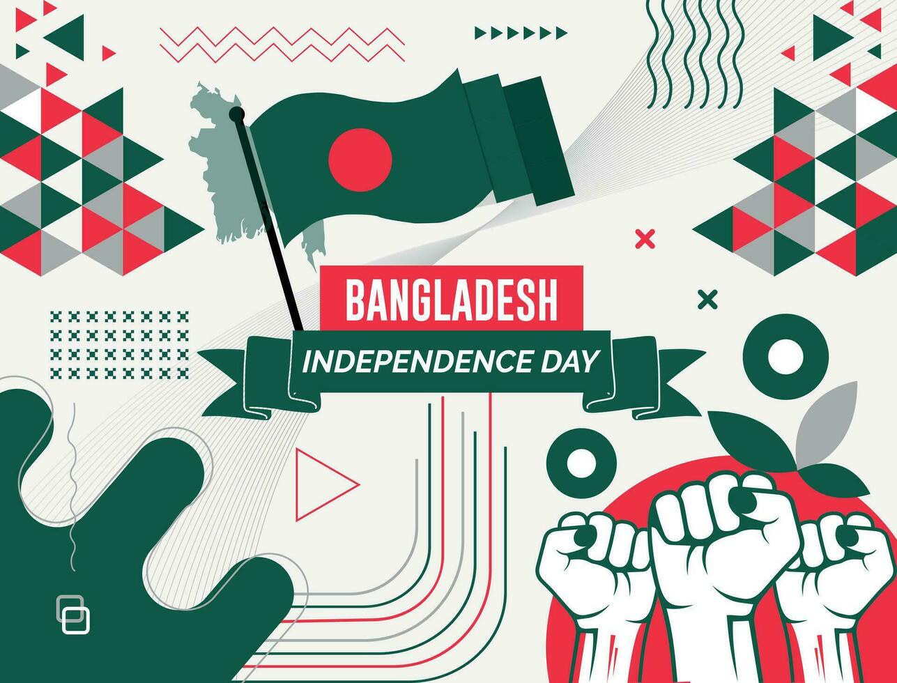 BANGLADESH national day banner with map, flag colors theme background and geometric abstract retro modern colorfull design with raised hands or fists. vector
