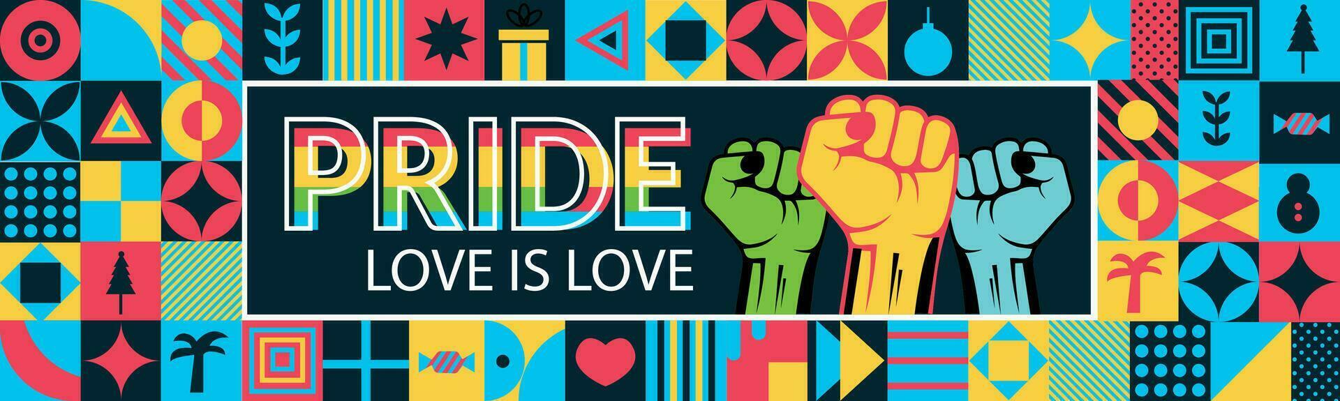 Pride day banner with modern retro abstract background design. Colorful Rainbow Happy Pride day. Love is love. vector eps 10